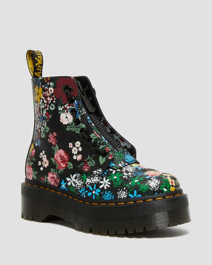 Dr. Martens Sinclair Floral Mash Up Lær Platform Støvler Dame Svart [5739NPLQA]